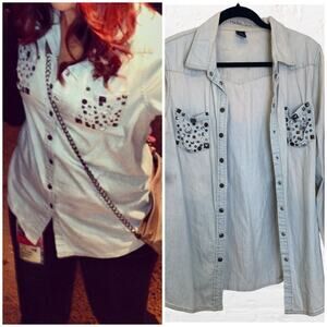 London Jean denim button down shirt with studded  pocket